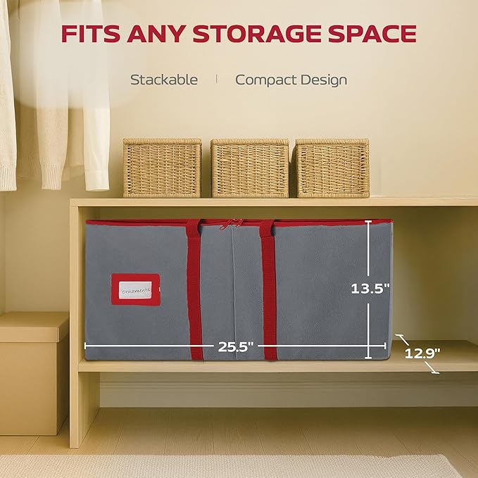 128 Ornament Storage Box – Adjustable Dividers, Stackable Holiday Ornament Organizer with Lid, Durable Fabric Bin for Christmas Decorations – Reinforced Handles, Dustproof & Space-Saving Design (Grey)