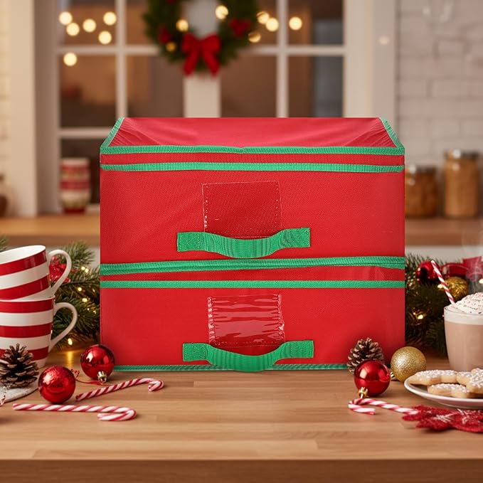 Chunful 2 Pcs Mug Storage Box with Adjustable Divider Christmas Holiday China Storage Organizer Holder for Coffee Mug Cup Christmas Container with Lid Handle Label Window for Moving Supplies, Hold 24