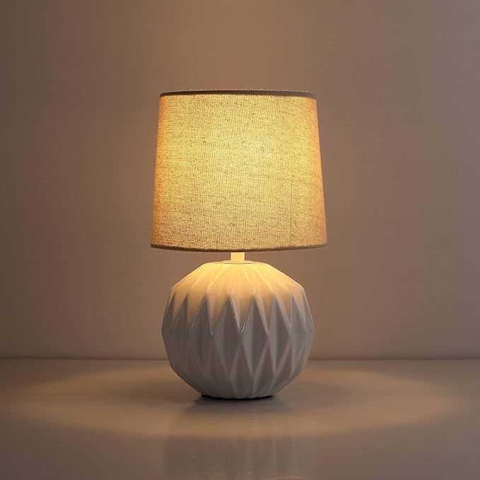 Somniferous Ceramic Bedroom Table Lamps Set of 2, Small Bedside Lamp, White Lamp with Linen Shade, Mid Century Modern Nightstand Lamp for Bedroom Living Room Office, 7W LED Bulb Included