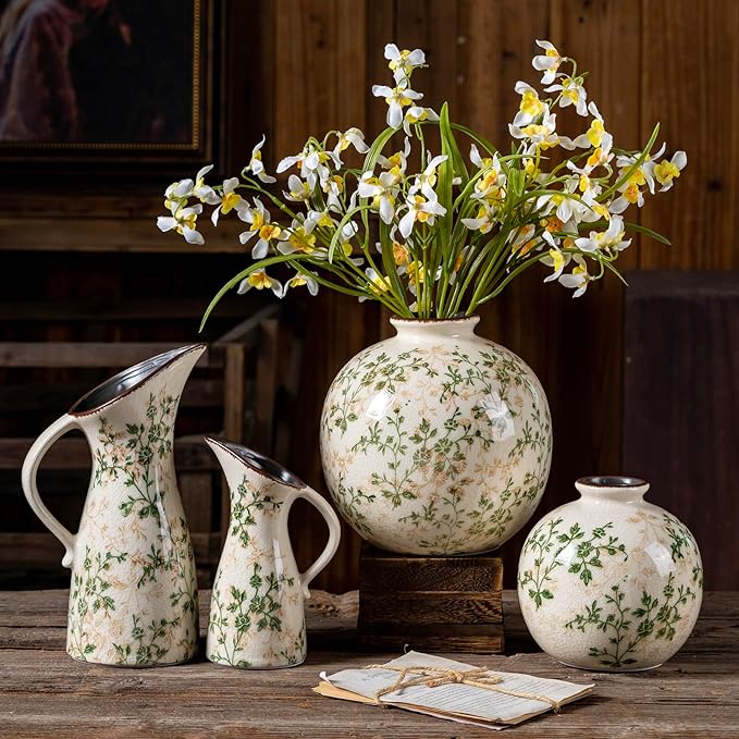 for Mom from Daughter or Son, Green Pastoral Round Ceramic Vase 5.9”, Vintage Floral Rustic Farmhouse Vase, Chinoiserie Tuscan Cottage Core Decor for Living Room, Office