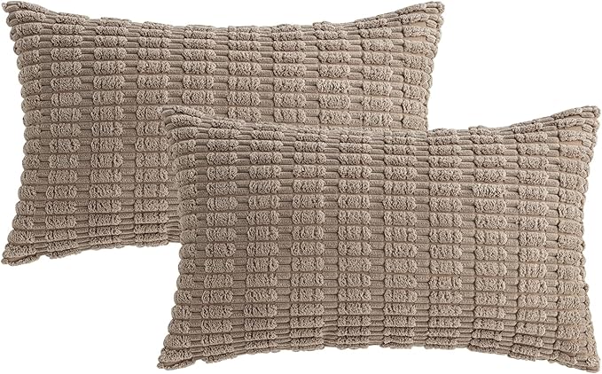 MIULEE Pack of 2 Corduroy Decorative Lumbar Throw Pillow Covers 20x12 Inch Soft Boho Striped Pillow Covers Modern Farmhouse Home Decor for Sofa Living Room Couch Bed Light Brown