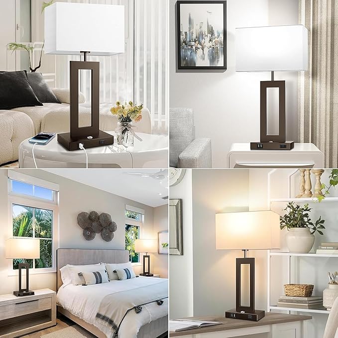 3 Color Temperatures Brown Table Lamps for Bedrooms Set of 2, 22ββ Touch Control Bedside Nightstand Lamps with 2 USB Ports & AC Outlet, Modern Lamp Sets for Living Room, Stepless Dimming, White Shade