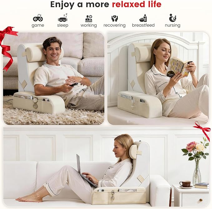 Homkdom Reading Pillow for Sitting in Bed Adult, 22" Back Pillow for Bed Sitting up with Armrests & Storage Pockets, Ergonomic Wedge Pillow for Watching TV, Gaming, Working, Recovery, 5PCS, Beige