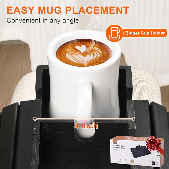 Joy&Grace Sofa Armrest Tray with Large Mug Holder, Bamboo Couch Arm Tray, Anti-Slip Couch Cup Holder Foldable Sofa Arm Table for Eating Drinks Cellphone (Color Black)