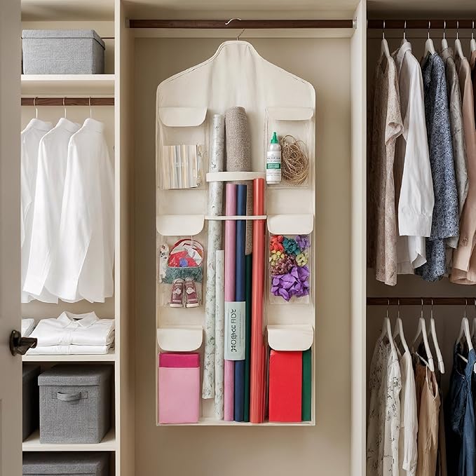 Wrapping Paper Organizer Storage – Double-Sided Hanging Gift Wrap Holder with Wooden Hanger – Over the Door or Closet Storage for Gift Bags with Pockets – For Christmas, Birthdays & Special Occasions.