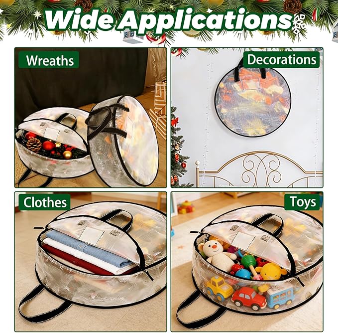 YAYODS 6 Pack Wreath Storage Container Bag 24 Inch Christmas Wreath Storage Bag Heavy Duty Christmas Wreath Boxes with Clear Window for Xmas Holiday Seasonal Wreath Garland (Black)