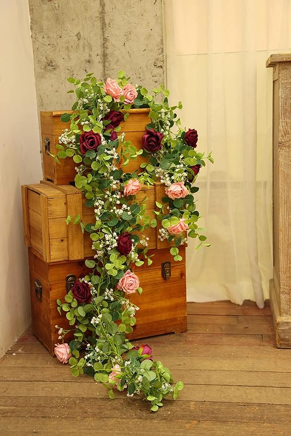 Anna's Whimsy 2PCS 5.91FT Artificial Eucalyptus Garland with Flowers, Fake Rose Gypsophila Garlands, Faux Floral Greenery Garland for Wedding Spring Home Party Table Runner Decor(Dusty Pink)