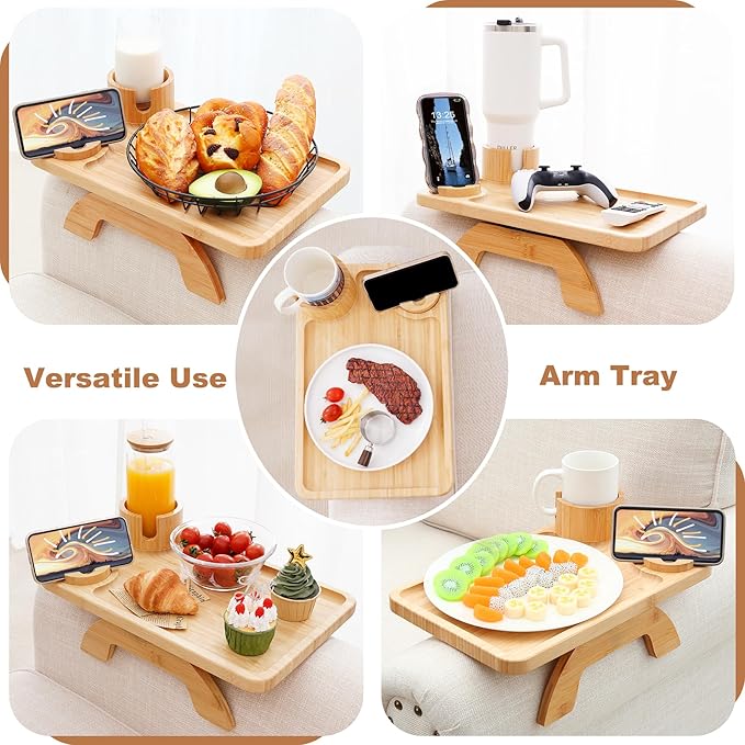 Couch Arm Table, 3-in-1 Sofa Armrest Tray with 360° Rotating Phone Holder & Cup Holder, Clip-On Armchair Side Table for Drinks, Snacks & Remote, Large 15.36" x 9.85" (Natural Bamboo)