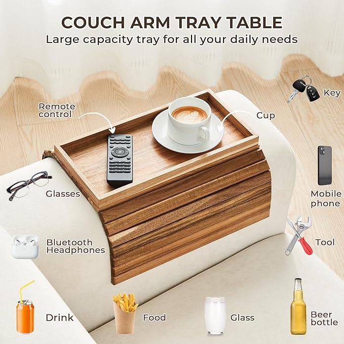 LOVYANXUE Acacia Wood Sofa Arm Tray, Foldable Couch Armrest Table with Anti-Slip Pad, Couch Arm Tray & Cup Holder for Drinks, Coffee, Snacks, Phone, Remote Control