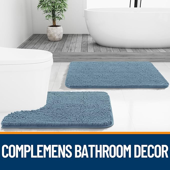 OLANLY Bathroom Rugs 32x20, Extra Soft Absorbent Chenille Bath Rugs, Rubber Backing Quick Dry, Machine Washable Bath Mats for Bathroom Floor, Tub and Shower, Home Decor Accessories, Airy Blue