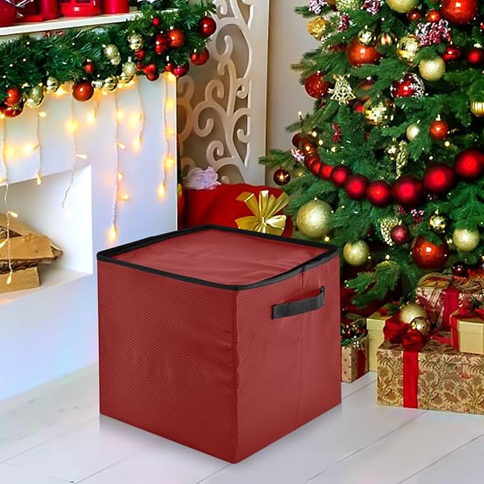 Red Christmas Ornament Storage Basket Box Holiday Storage Container Cube with Adjustable Dividers for 64 Holiday Ornaments or Decorations Keeps Clean and Dry for Next Season