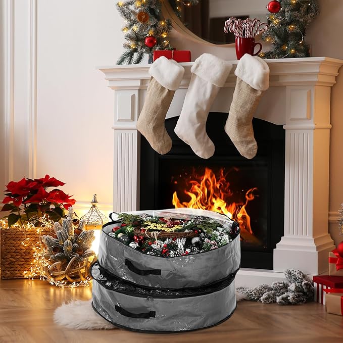Aliceset 4 Pack Wreath Storage Containers, Ornament Garland Wreath Storage Bags with Handle Zipper Decorative Storages Box for Winter Valentine Wreaths(30 x 30 x 7.8 Inch,Gray)