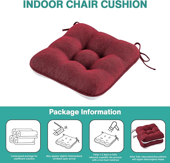 BETU Chair Cushions for Dining Chairs Set of 2,3.5" Thick Kitchen Table Chair Pads with Ties,Non Slip Backing and Covers, Christmas Decor Seat Cushion for Dining Room,Bar,Patio Chairs,16"X16"X3.5",Red