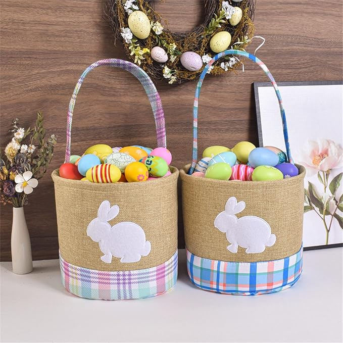 Easters Woven Fabric Storage Basket with Rabbits Accent for Eggs Hunts Holiday Decorations and Spring Parties