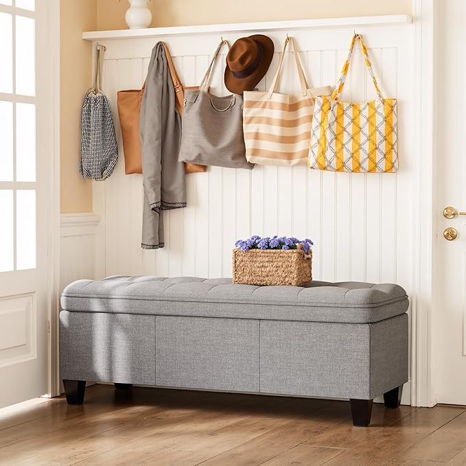 YESHOMY 47 Inches Ottoman with Storage, Storage Bench with Legs, Ottomans for Living Room, Entryway, Adjustable & Movable, Easy Assembly, Light Grey Linen