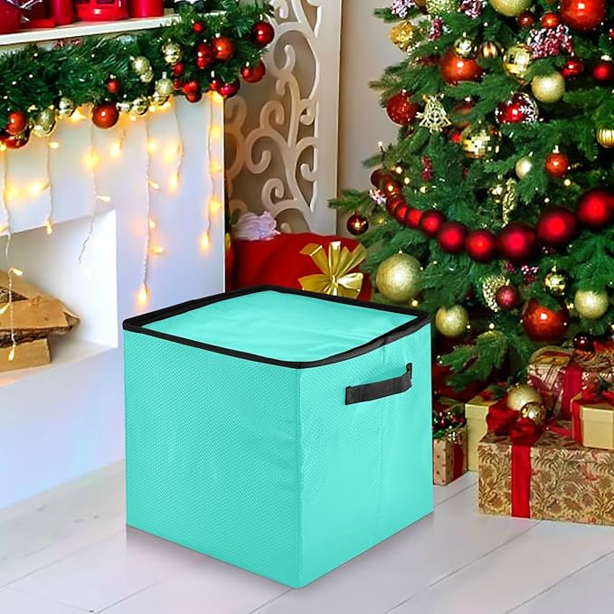 Turquoise Teal Blue Christmas Ornament Storage Basket Box Holiday Storage Container Cube with Adjustable Dividers for 64 Holiday Ornaments or Decorations Keeps Clean and Dry for Next Season