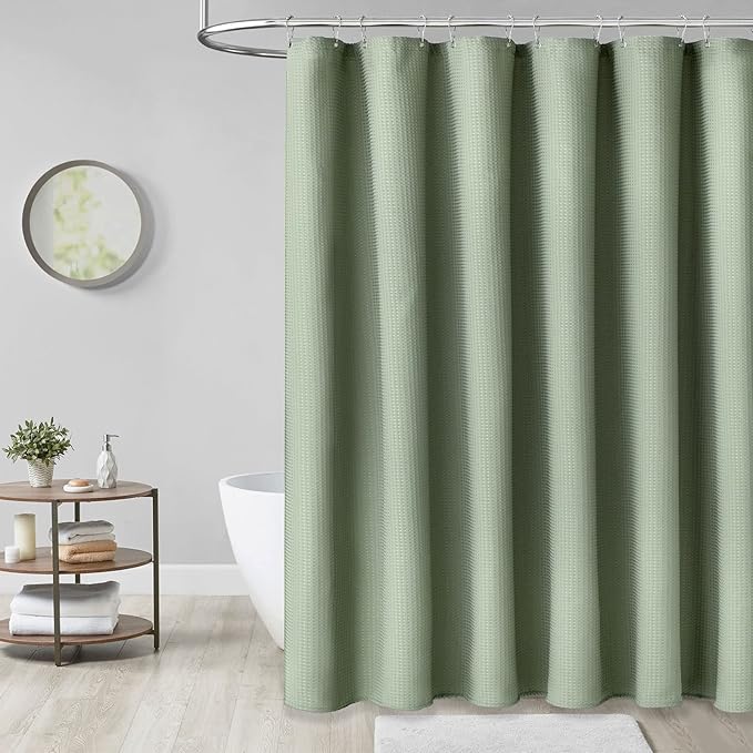 Dynamene Extra Long Shower Curtain,84 Inch Long Waffle Weave Weighted Thick Fabric Bathroom Shower Curtain, Heavy Duty Large Hotel Bath Curtain Set with 12 Plastic Hooks,72x84,Sage Green
