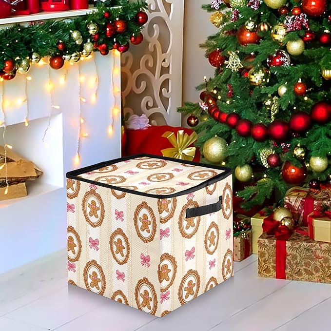 Gingerbread Man Christmas Ornament Storage Basket Box Candy Cane Winter Holiday Storage Container Cube with Adjustable Dividers for 64 Holiday Ornaments or Decorations Keeps Clean and Dry