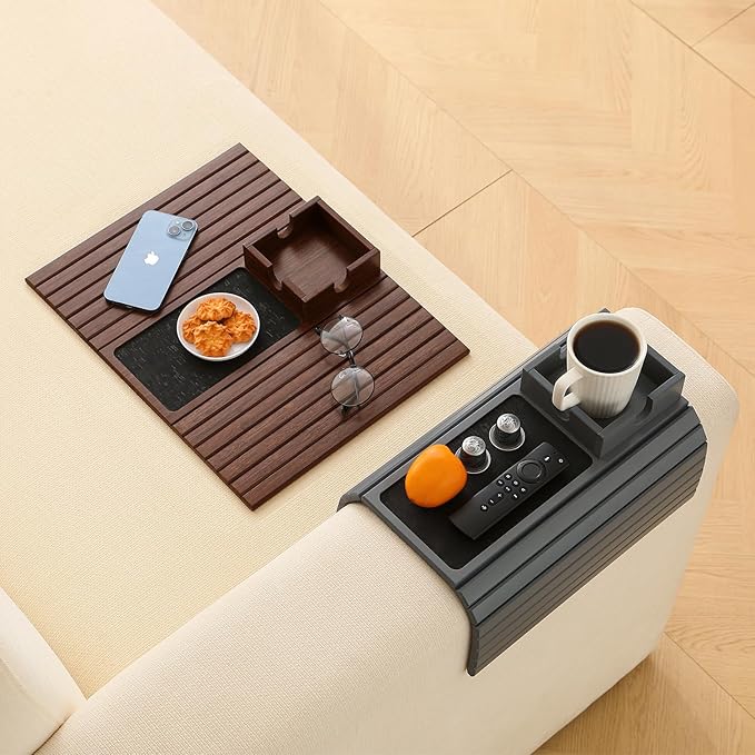 Bamboo Couch Cup Holder Arm Tray Table with Anti-Slip Cork Pad,Couch Drink Holder,Sofa Cup Holder Armrest Tray,Foldable Arm Chair Table Recliners for Drink, Cups, Eats,Snacks, Phone, Remote (Gray)