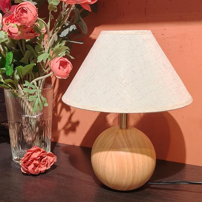 Table Lamp for Living Room,Wood Base Flaxen Fabric Shade Desk Lamp for Bedroom,Small Décor Ambient Bedside Lamps for Night Stands,LED Bulb (not Included) (2 Pack)