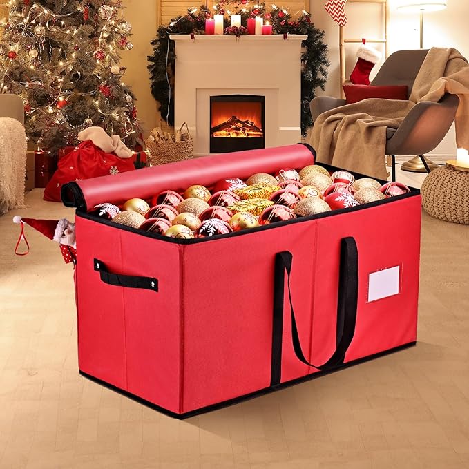Mrrihand Christmas Ornament Storage Box, Ornament Storage Container with 8 Trays-Xmas Decoration Organizer Keeps 128 Holiday Ornaments 3-Inch, Dual Zipper Closure, 600D Tear-Proof(Red)