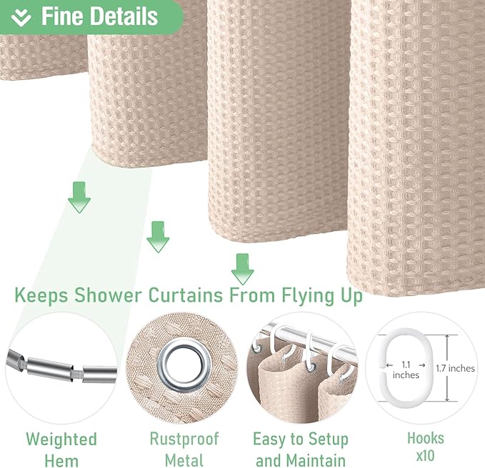 Dynamene Stall Shower Curtain - 60 inch Waffle Weave Heavy Duty Thick Fabric Shower Curtains for Bathroom, Weighted Hotel Spa Luxury Cloth Bath Curtain Set with 10 Plastic Hooks, 60x72, Rose