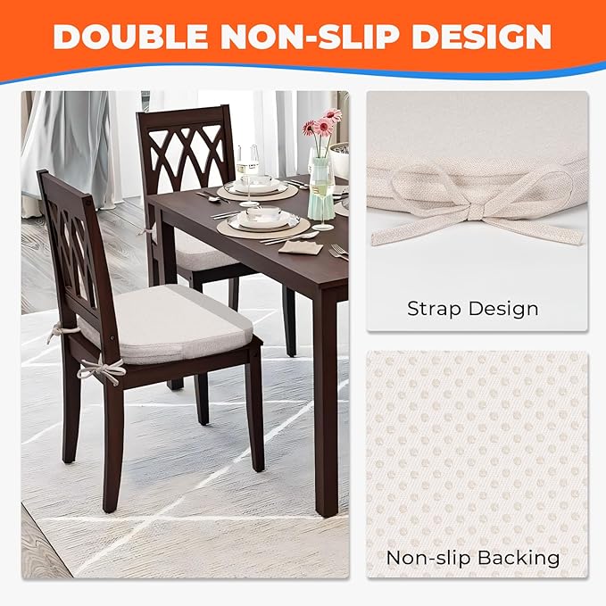 Sunsleek Chair Cushions for Dining Chairs, D-Shaped Seat Cushions with Removable Washable Cover and Ties, Chair Pads for Kitchen, Indoor Dining Room, Patio Chairs, 17'' x 16'', Set of 2, Beige