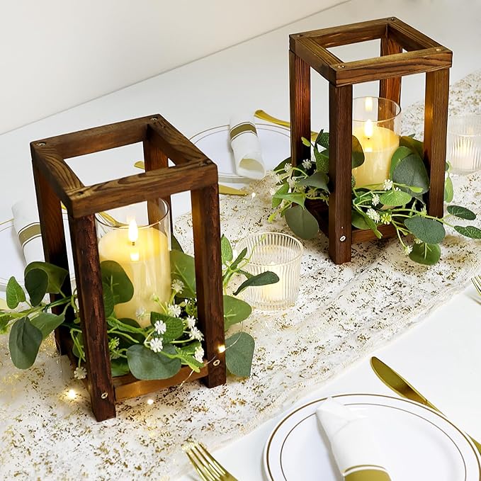 18 Pcs Wooden Lantern Centerpiece - Wedding Lantern with Eucalyptus Candles Wreaths LED Flameless Candles Rustic for Country Wedding Party Farmhouse Table Decor