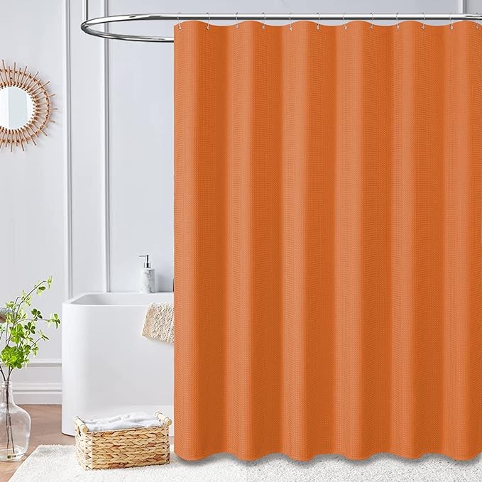 Dynamene Extra Long Shower Curtain - 84 Inch Long Waffle Weave Heavy Duty Fabric Bathroom Shower Curtain, Neutral Weighted Hotel Thick Bath Curtain Set with 12 Plastic Hooks,72x84, Burnt Orange
