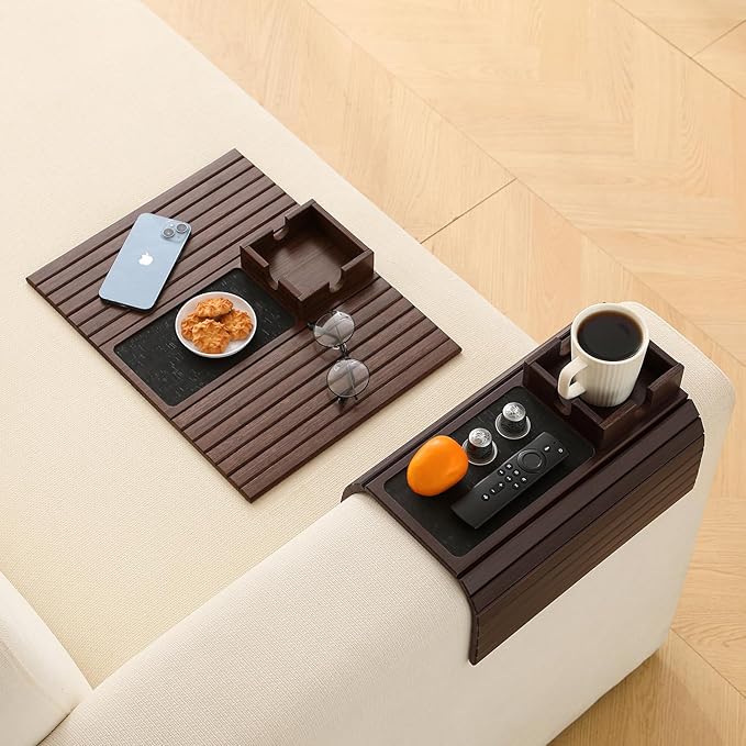 Bamboo Couch Cup Holder Arm Tray Table with Anti-Slip Cork Pad,Couch Drink Holder,Sofa Cup Holder Armrest Tray,Foldable Arm Chair Table Recliners for Drink, Cups, Eats,Snacks, Phone, Remote (Mahogany)