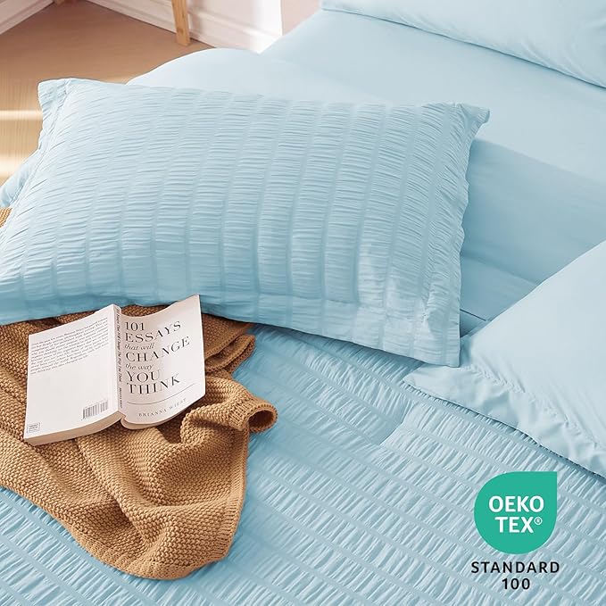 MUXHOMO 7 Pieces California King Comforter Set, Seersucker Bed in a Bag Cal King Size, All Season Luxury Bedding Set with Comforter, Flat Sheet, Fitted Sheet, Pillowcases & Shams, Lake Blue