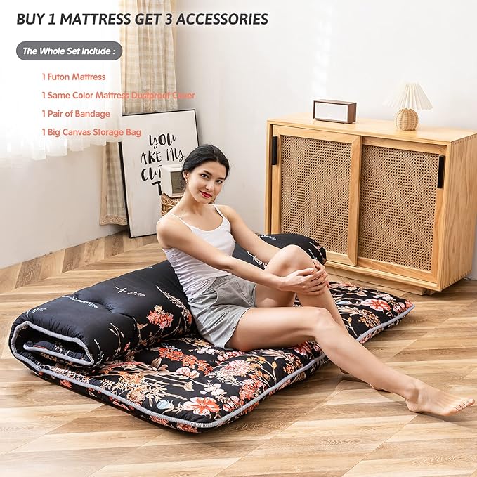 MAXYOYO Japanese Futon Mattress Floor Mattress Sleeping Pad Foldable Mat Roll Up Camping Cushion Floor Lounger Couches and Sofas Couch Topper, Black Floral, Full Size