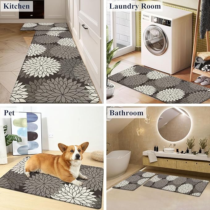 HEBE Anti Fatigue Kitchen Rugs Sets of 2, Non Slip Kitchen Mats for Floor, Waterproof Cushioned Comfort Standing Carpet for Kitchen Sink, Home Office, Laundry Room