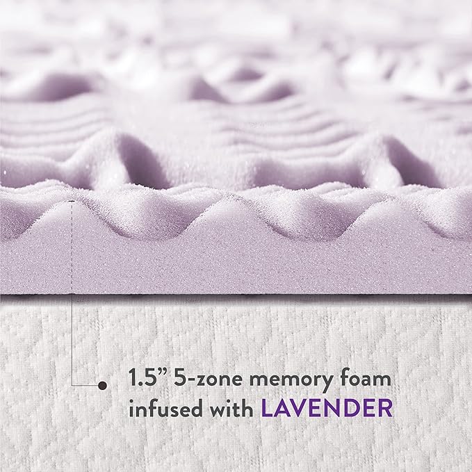 Mellow 1.5 Inch 5-Zone Memory Foam Mattress Topper, Soothing Lavender Infusion, Twin