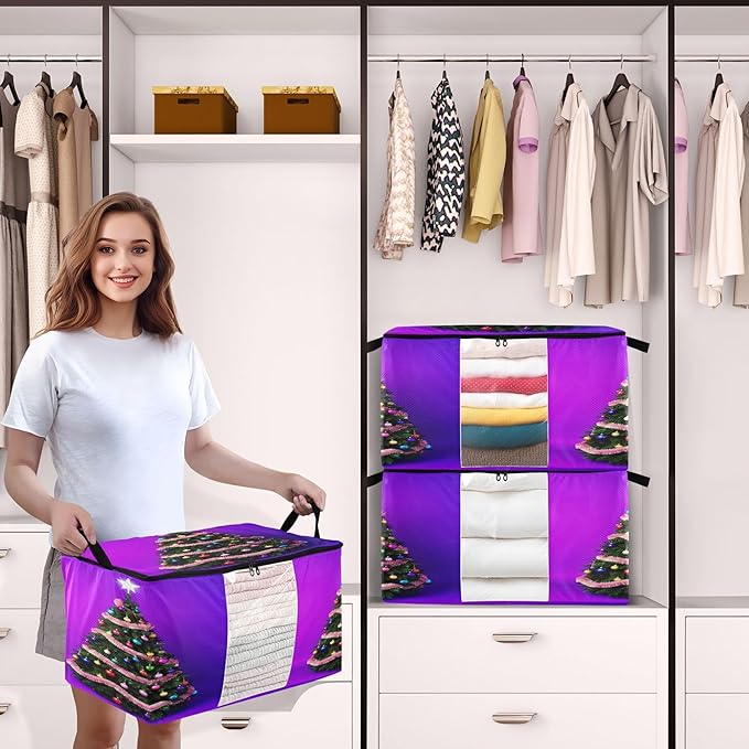 Burbuja 2 Pack Storage Bag Organizer with Handles for Clothes, Blankets, Bedding, Christmas Tree Foldable Storage Bag with Zipper & Clear Window, 95L