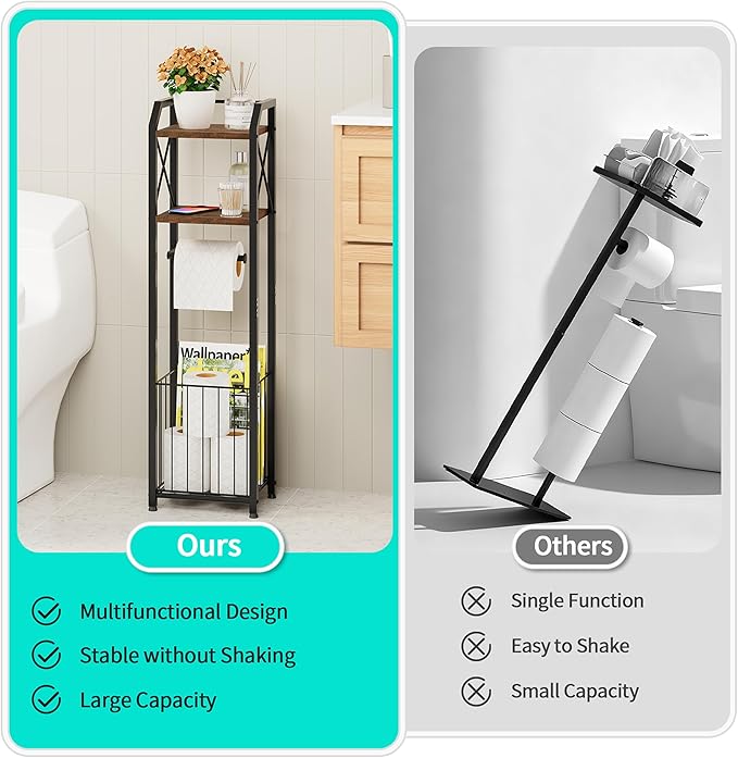 HapiRm Freestanding Toilet Paper Holder - 4-Tier Bathroom Tissue Organizer with Wood Shelves and Large Basket, Toilet Paper Holder Stand for Bathroom, Laundry Room, Apartment - Black(Small)