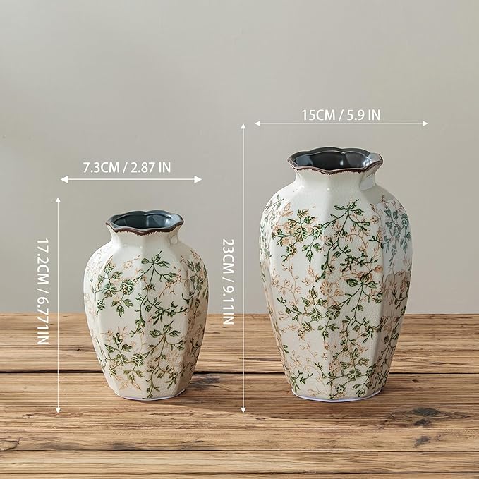 for Mom from Daughter or Son, Vintage Pastoral Octagonal Ceramic Vase 6.7”, Green Chinoiserie Floral Small Vase, Rustic Farmhouse Decor for Living Room, Kitchen, Bedroom