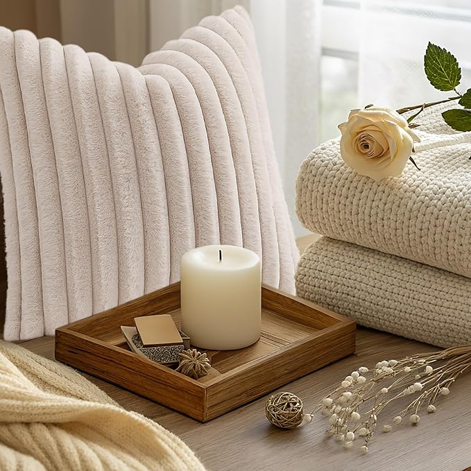 decorUhome Summer Cozy Faux Fur Throw Pillow Covers 16x16 Set of 2 Decorative Soft Plush Striped Modern Farmhouse Boho Couch Pillow Cases with Velvet Back for Sofa Bed Living Room, Beige