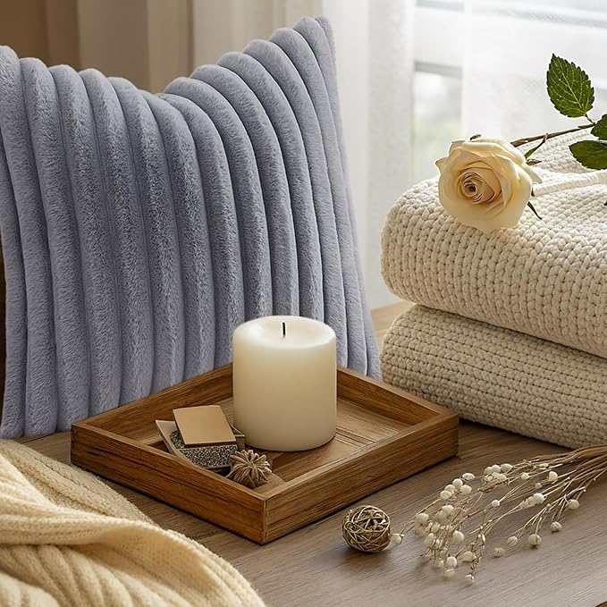 decorUhome Cozy Faux Fur Throw Pillow Covers 18x18 Set of 2 Decorative Soft Plush Striped Modern Farmhouse Boho Couch Pillow Cases with Velvet Back for Sofa Bed Living Room, Grey