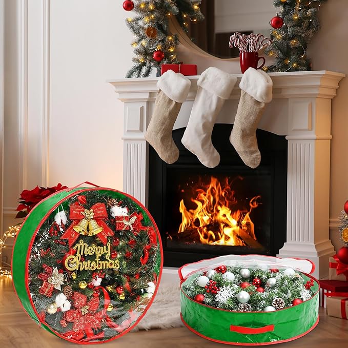 Aliceset 4 Pack Wreath Storage Containers, Ornament Garland Wreath Storage Bags with Handle Zipper Decorative Storages Box for Winter Valentine Wreaths(24 x 24 x 7.8 Inch,Light Green)