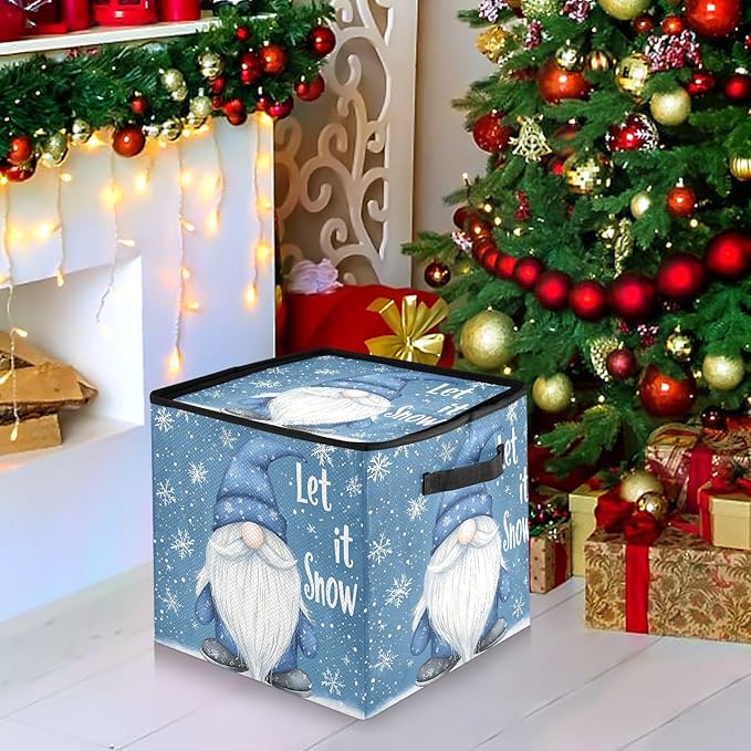 Winter Gnomes Christmas Ornament Storage Basket Box Let it Snow Snowflake Holiday Storage Container Cube with Adjustable Dividers for 64 Holiday Ornaments or Decorations Keeps Clean and Dry