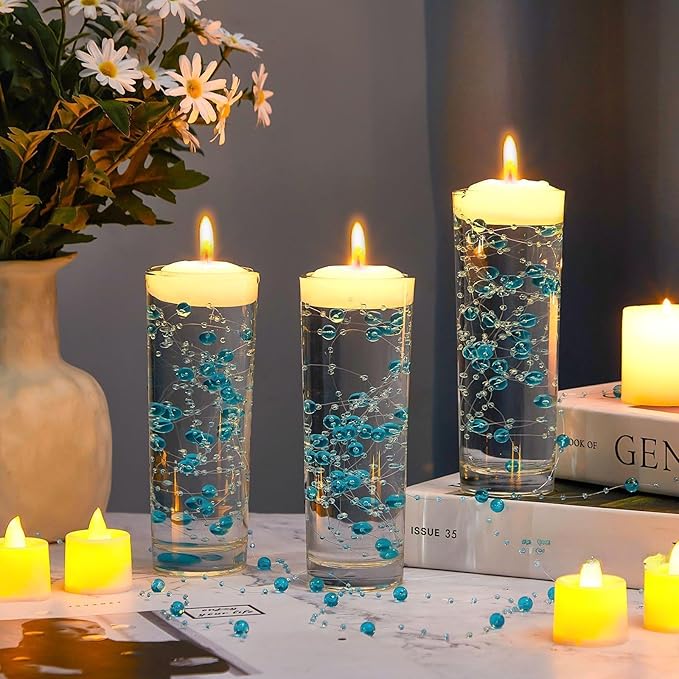 Tondiamo 24 Pcs Artificial Pearl String for Floating Candle Faux Pearls Beads String Garland Centerpiece Decoration for Vases Filler Wedding Spring Holiday Party Decor(Clear Blue)