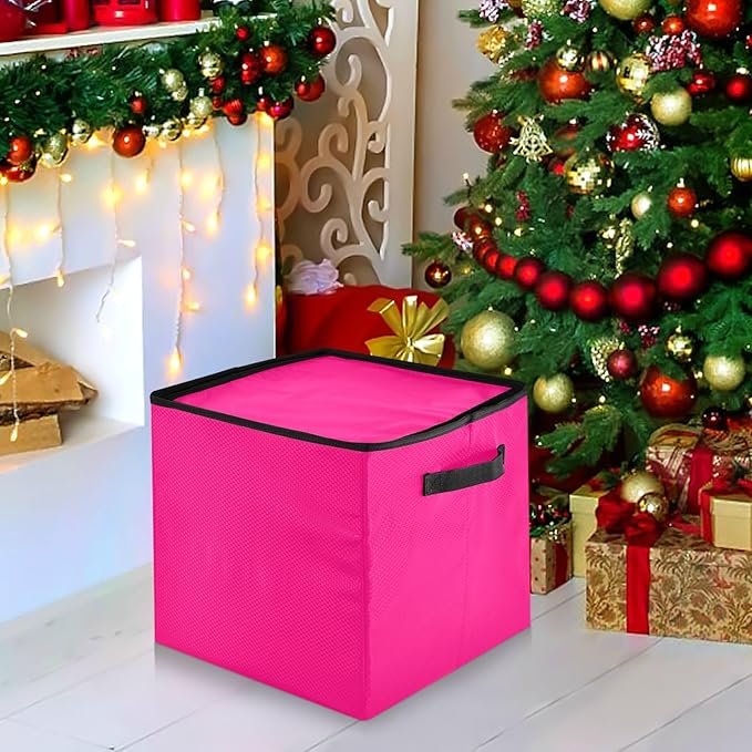 Hot Pink Christmas Ornament Storage Basket Box Holiday Storage Container Cube with Adjustable Dividers for 64 Holiday Ornaments or Decorations Keeps Clean and Dry for Next Season