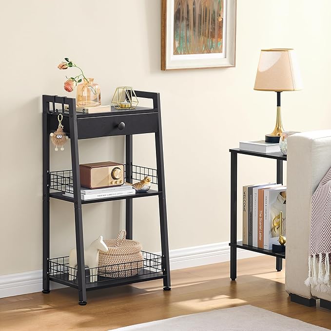 Gewudraw 3-Tier Ladder Shelf with Drawer, Bathroom Table Stand for Small Space, Standing Bathroom Shelves with Storage for Living Room Kitchen Bedroom, Organizer Shelf, Black
