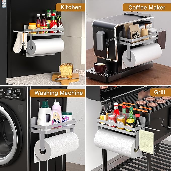 Wall Paper Towel Holder Magnetic with Shelf, Gray Magnet Spice Rack for Refrigerator, Kitchen, Heavy Duty