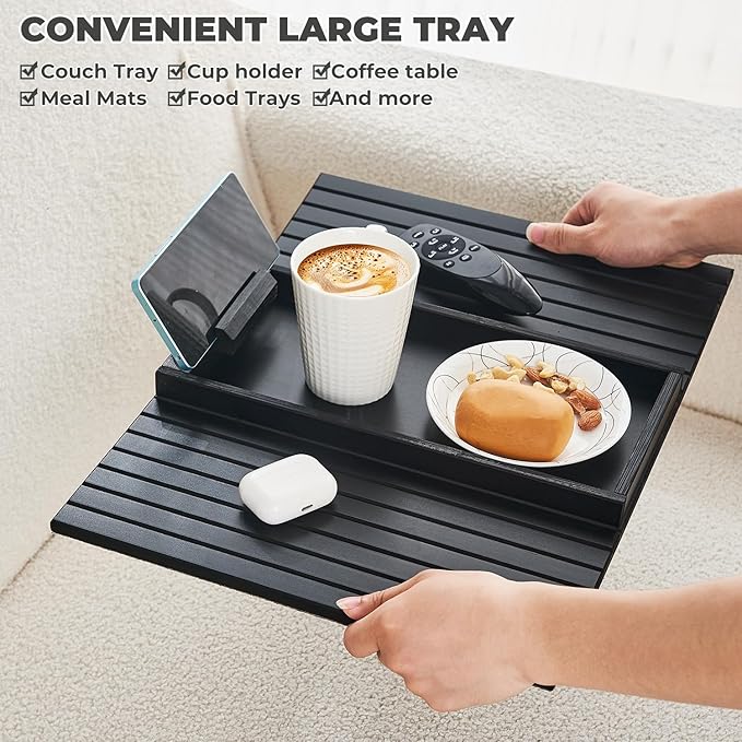 LOVYANXUE Bamboo Sofa Arm Tray Armrest Table with 360° Rotating Phone Holder, Anti Falling Couch Arm Tray, Foldable and Portable Sofa Armrest Cup Holder for Drink,Cups, Phone, Snacks, Remote