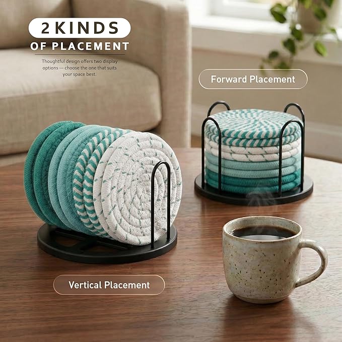 Lazebox Coasters Set of 8 for Drinks, Beer, Coffee, Cotton Woven 4 Colors Absorbent Coaster with Holder, Boho Coasters for Home Decor Tabletop Protection Suitable for Kinds of Cups