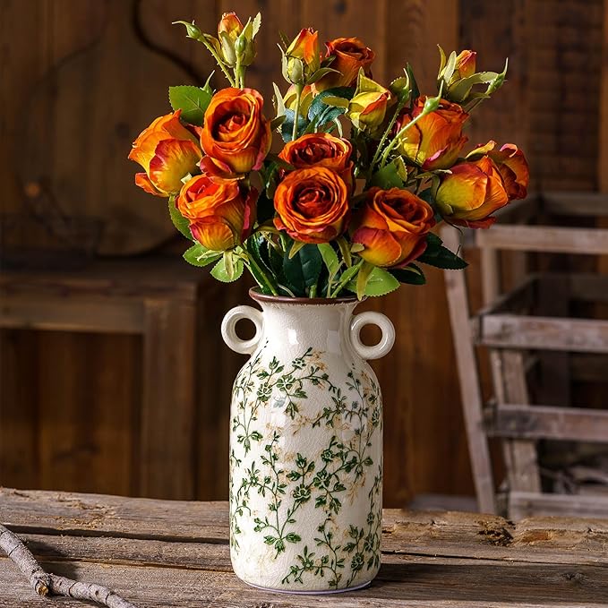 for Mom from Daughter or Son, Vintage Pastoral Ceramic Vase with Handles 9.1”, Green & Beige Chinoiserie Floral Vase, Rustic Farmhouse Decor for Living Room, Kitchen, Bedroom