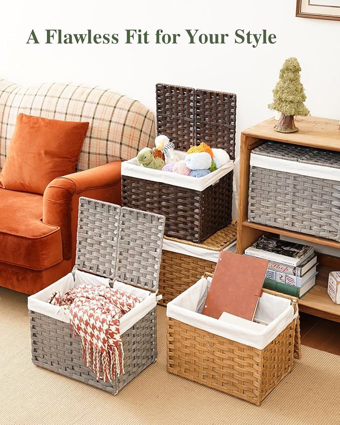 SETVSON Storage Basket with Lid Woven Wicker Baskets with 2 Separate Lid, 9.2 Gallon (35 L) Wicker Storage Bins with Handles, Foldable and 2 Removable Liner Bags for Bedroom, Laundry Room Gray