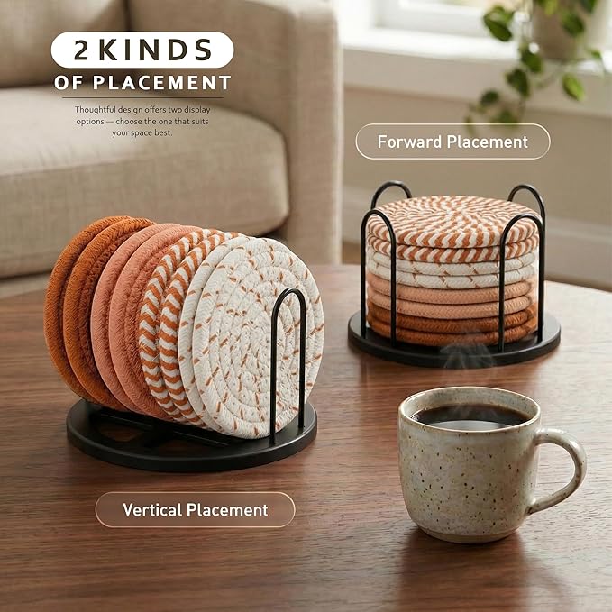 Lazebox Coasters Set of 8 for Drinks, Beer, Coffee, Cotton Woven 4 Colors Absorbent Coaster with Holder, Boho Coasters for Home Decor Tabletop Protection Suitable for Kinds of Cups